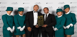 Air New Zealand crew with chief operating officer Bruce Parton (left) and Isabel Estate Chief Winemaker Jeremy McKenzie (right) at the awards ceremony
