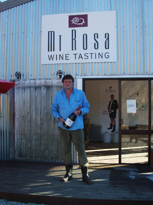 Jeremy Railton outside the Mt Rosa tasting room with a jeroboam of 2008 Mt Rosa Pinot Noir
