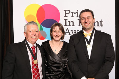 Above: Gravure Packaging managing director Greg Chapman, Frucor Beverages packaging, procurement and co-packer relationship manager Jane de Ville and Gravure Packaging general manager Thomas Kaffes at the New Zealand Pride In Print Awards night