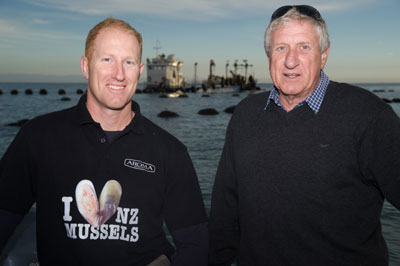 Aroma director Ben Winters Jr, left, and managing director Ben Winters at a mussel farm in the Marlborough Sounds