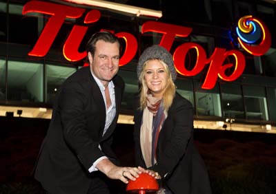 Tip Top general manager Brett Charlton and supermodel Rachel Hunter at the opening of Tip Top's makeover